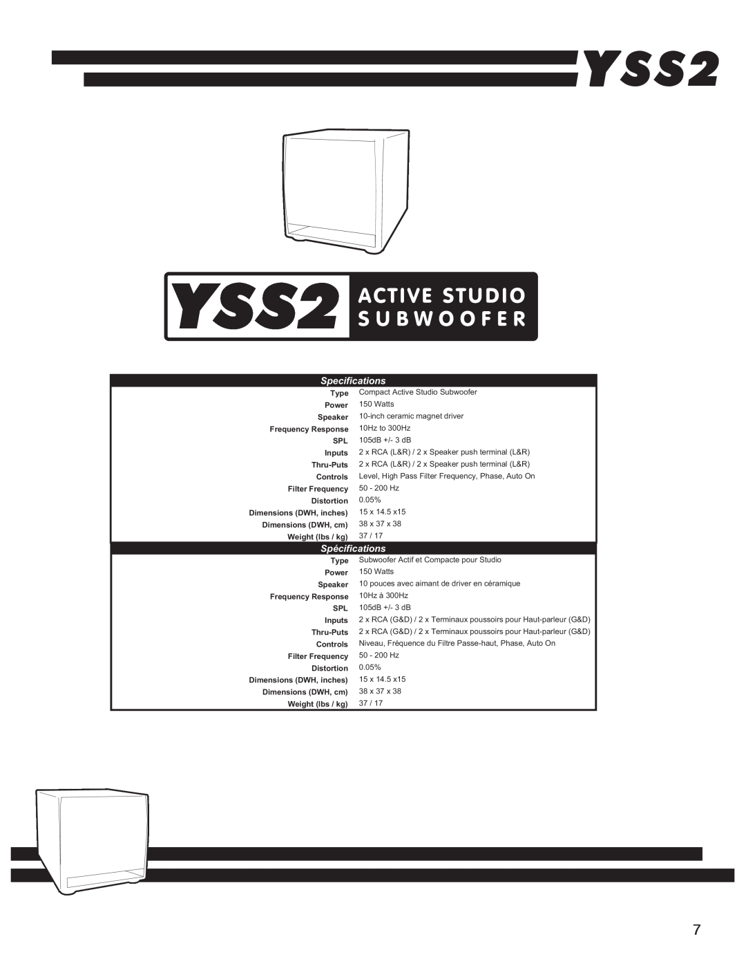 RCA YS1052 owner manual YSS2, Active Studio, S U B W O O F E R, Specifications, Spécifications 