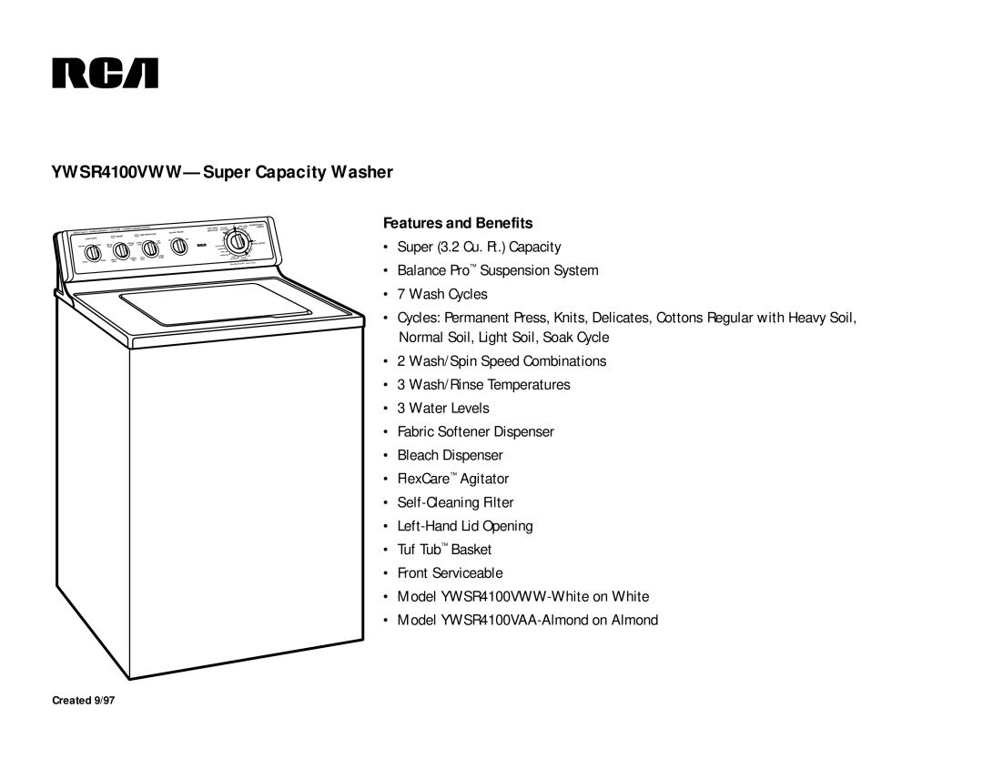 RCA YWSR4100VWW, YWSR4100VAA dimensions Features and Benefits, Speed Combinations, Extra Rinse 