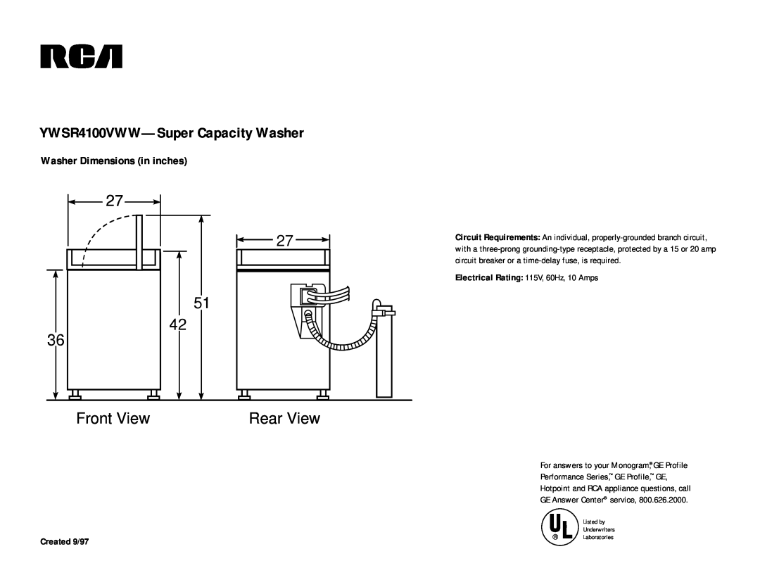RCA YWSR4100VAA dimensions YWSR4100VWW-Super Capacity Washer, Front View, Rear View, Washer Dimensions in inches 