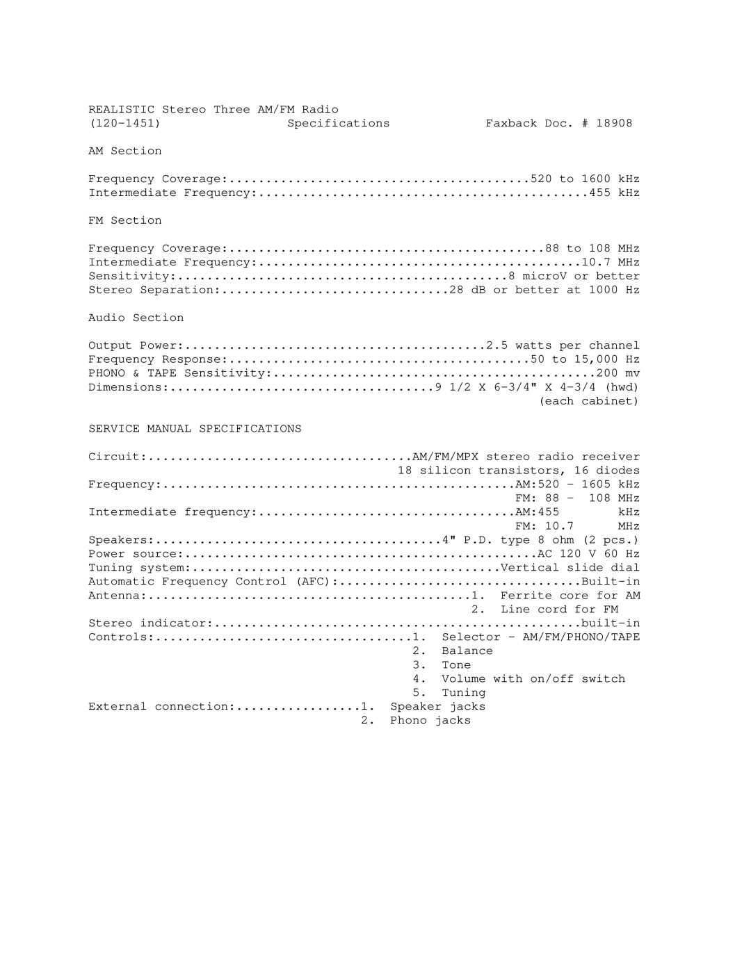 Realistic 120-1451 manual 520 to 1600 kHz 