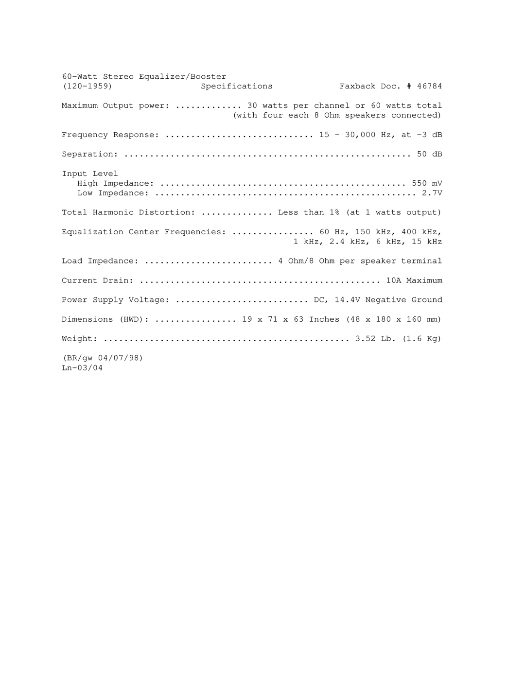 Realistic 120-1959 manual Watts per channel or 60 watts total 