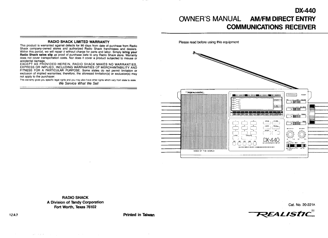 Realistic DX-440 warranty Ownersmanual AM/FM Direct Entry Communications Receiver 