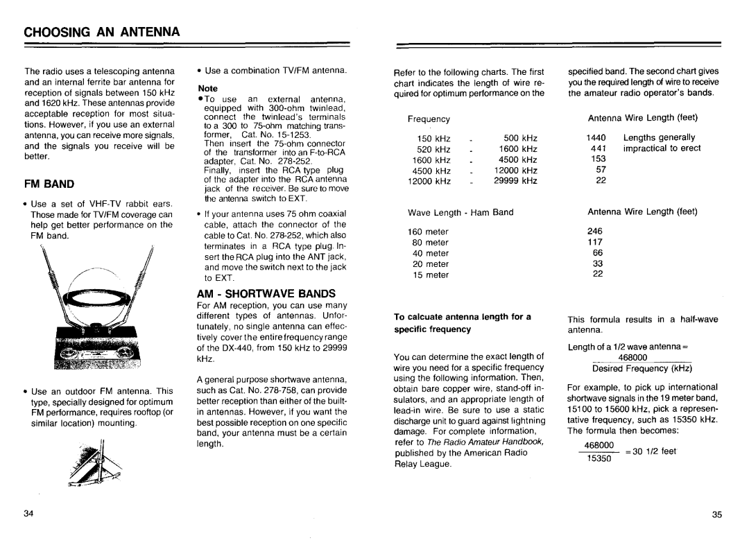 Realistic DX-440 warranty Choosing AN Antenna, FM Band, AM Shortwave Bands 