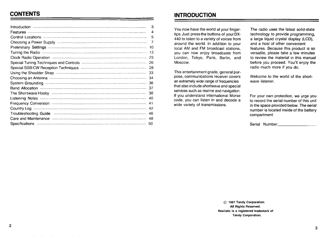 Realistic DX-440 warranty Contents, Introduction 