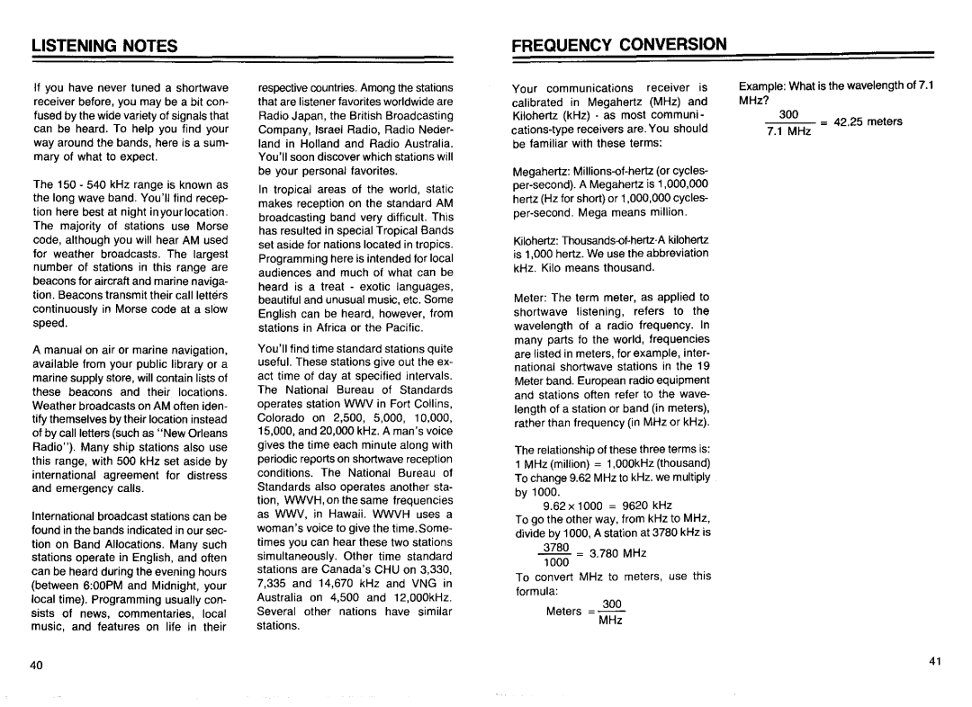 Realistic DX-440 warranty Listening Notes Frequency Conversion 