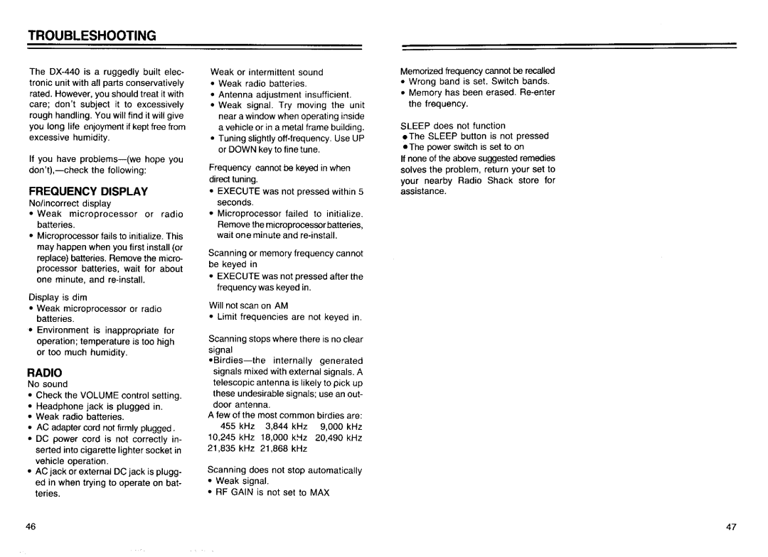 Realistic DX-440 warranty Troubleshooting 