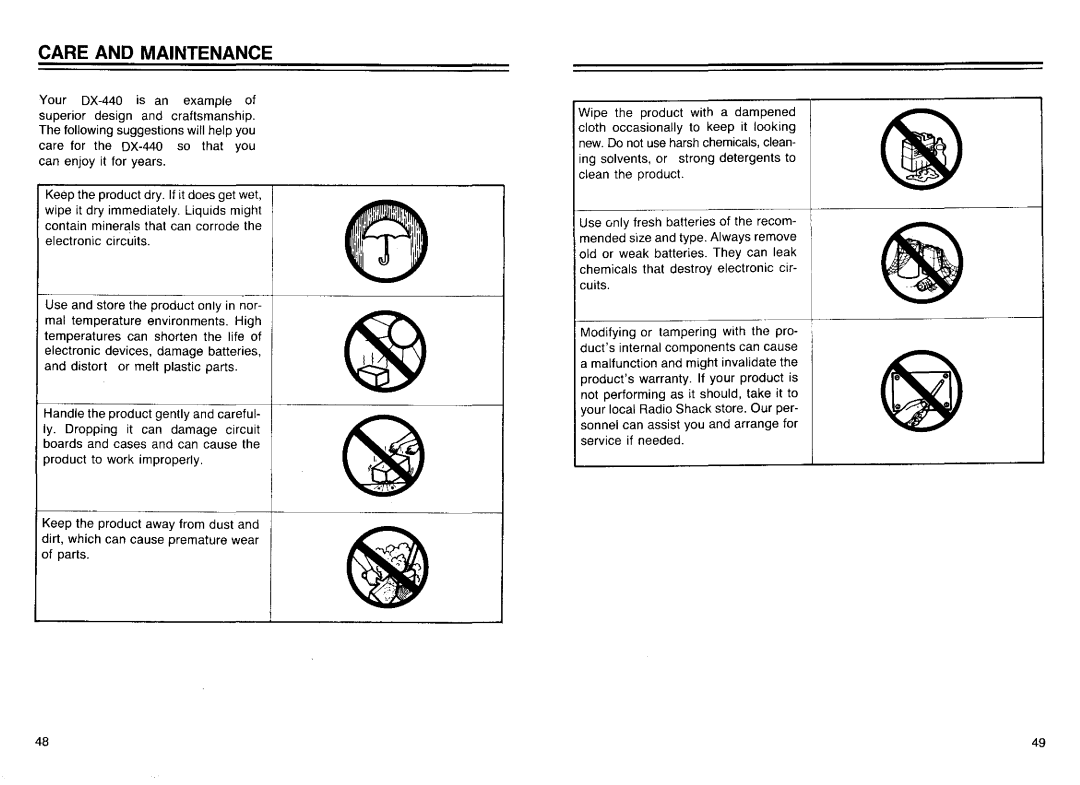 Realistic DX-440 warranty Care and Maintenance 