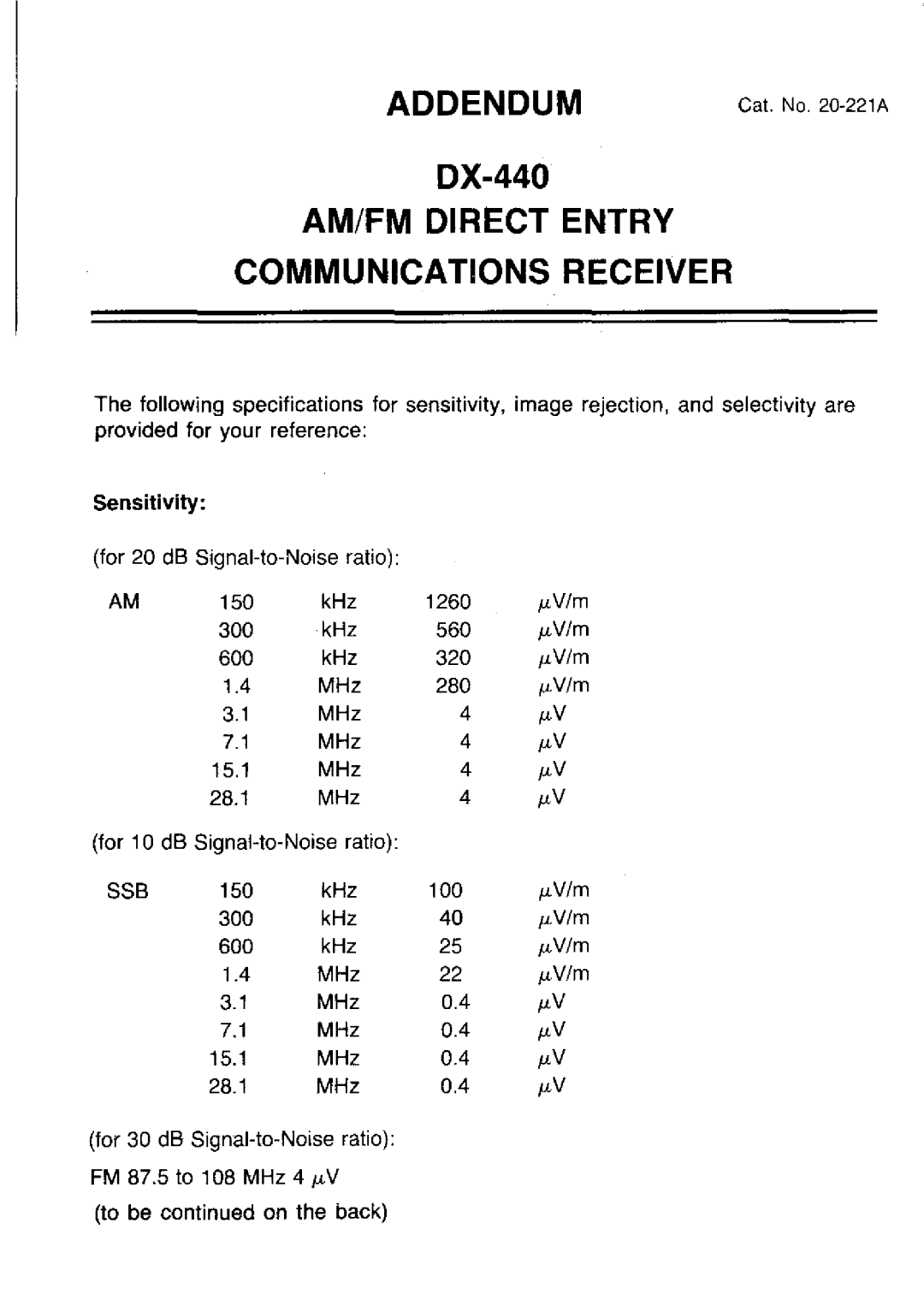 Realistic DX-440 warranty AM/FM Direct Entry Communications Receiver, Ssb 