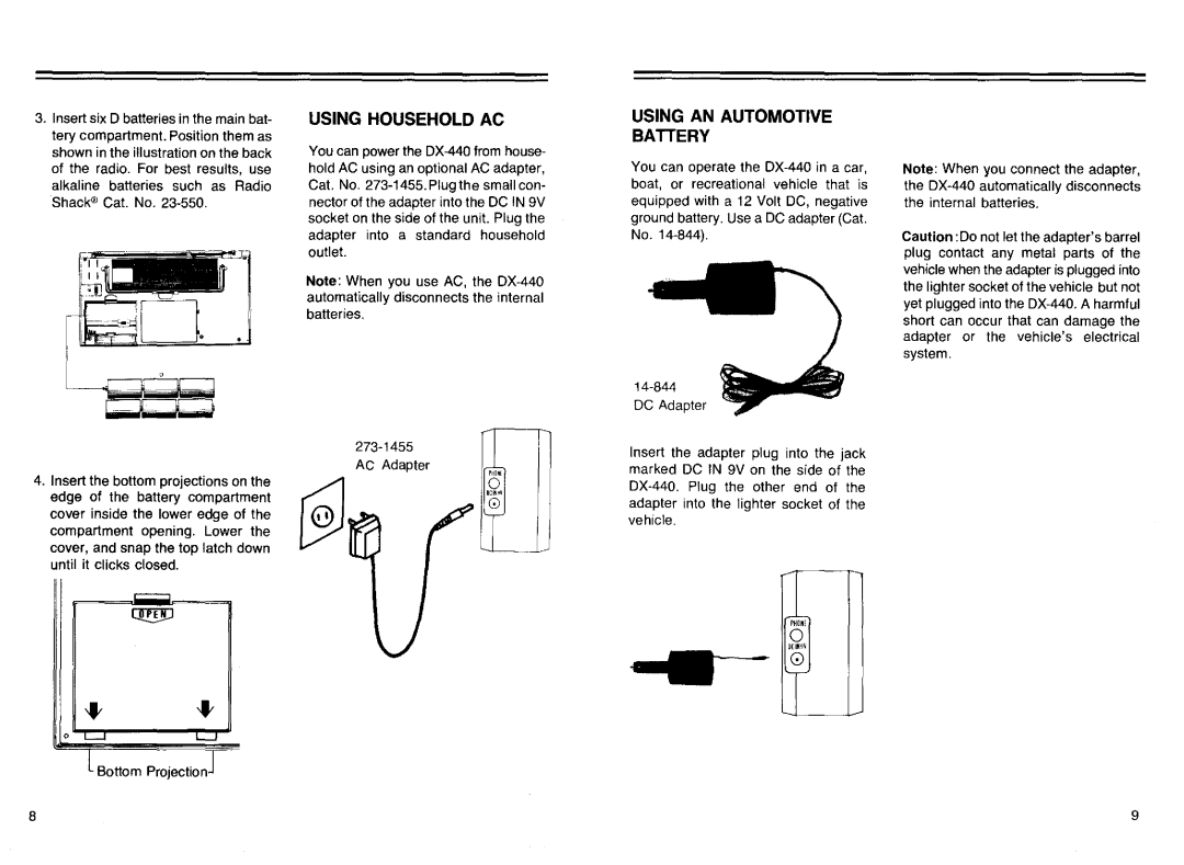 Realistic DX-440 warranty Using Household AC, Using AN Automotive Batiery 