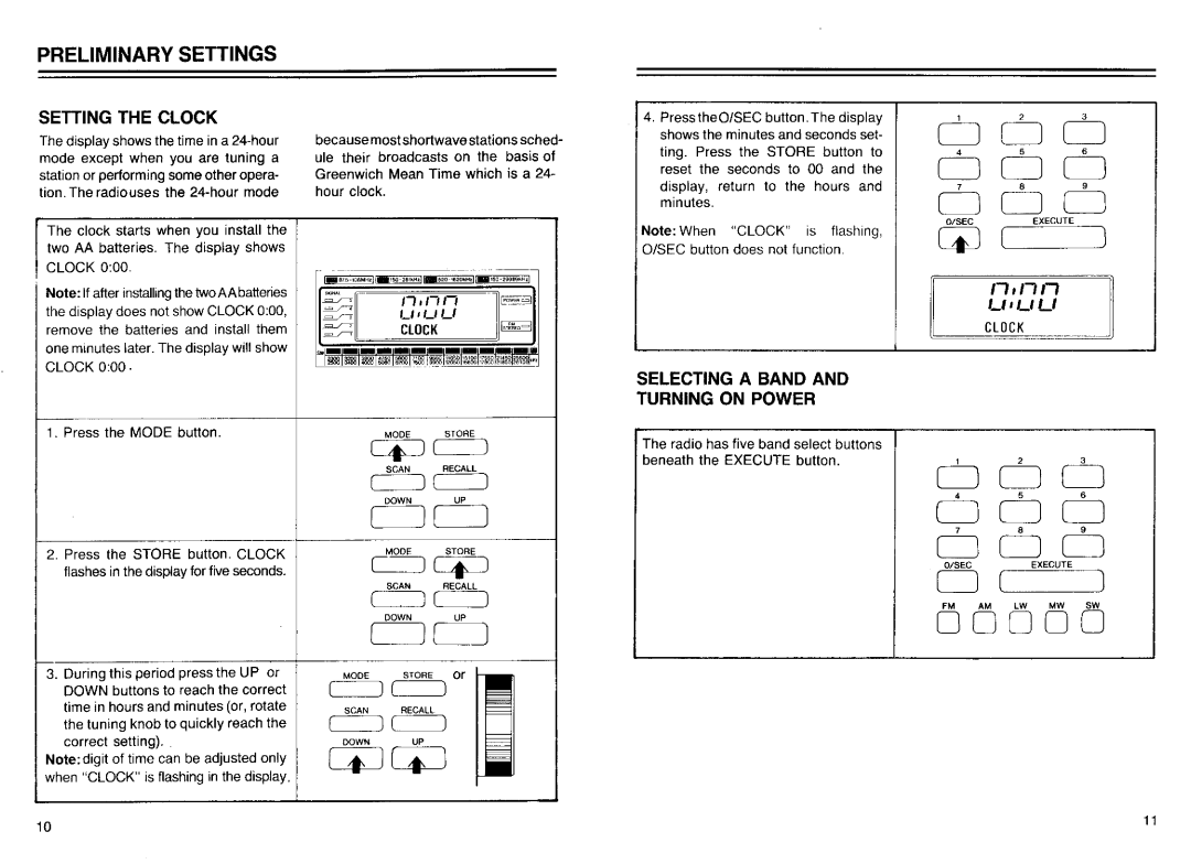 Realistic DX-440 warranty Preliminary Settings, Setting the Clock, Selecting a Band and Turning on Power 