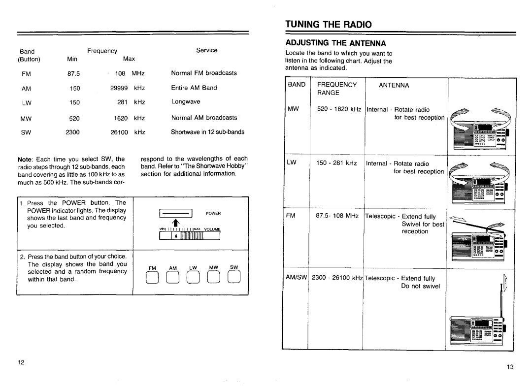 Realistic DX-440 warranty Tuning the Radio, Band Frequency Antenna Range 