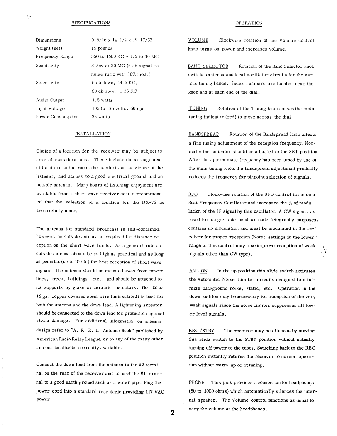 Realistic DX-75 manual Specifications Operation, Installation, Bfo, Anl 