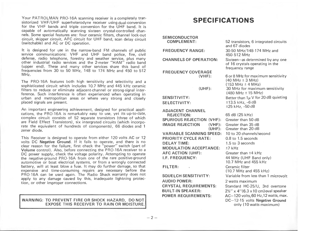 Realistic PRO-16A manual Specifications, Adjacent Channel 