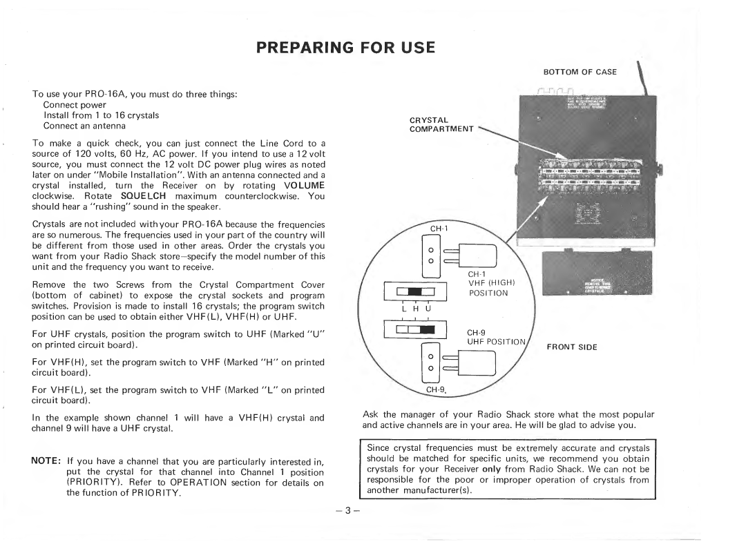 Realistic PRO-16A manual Preparing for USE 