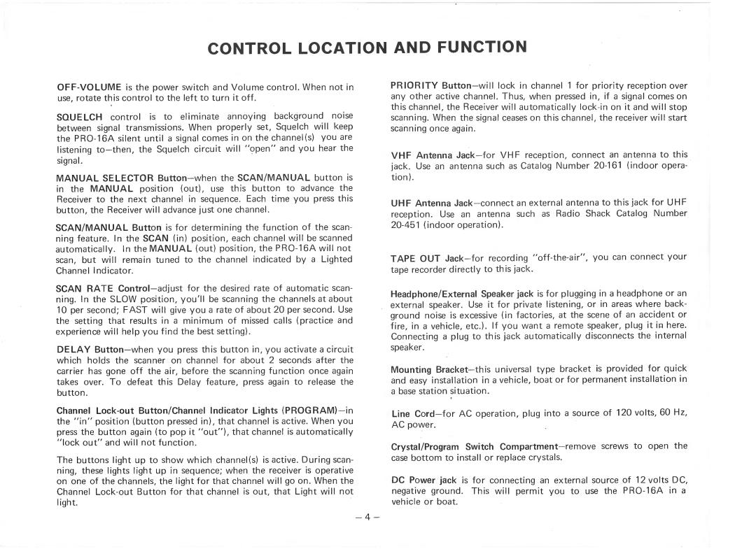 Realistic PRO-16A manual Control Location and Function 