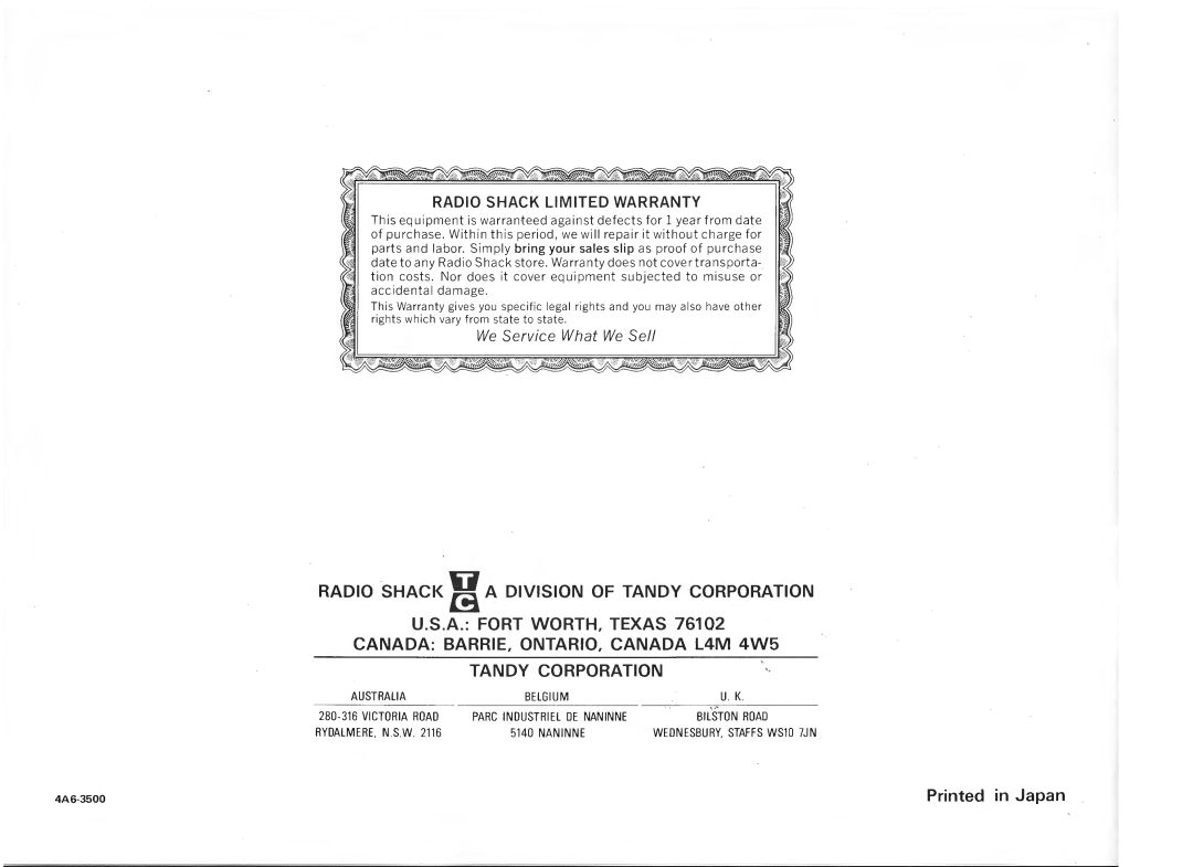 Realistic PRO-16A manual Radio Shack Ma Division Of Tandy Corporation, Printed in Japan, Radio Shack Lim Ited Warranty 
