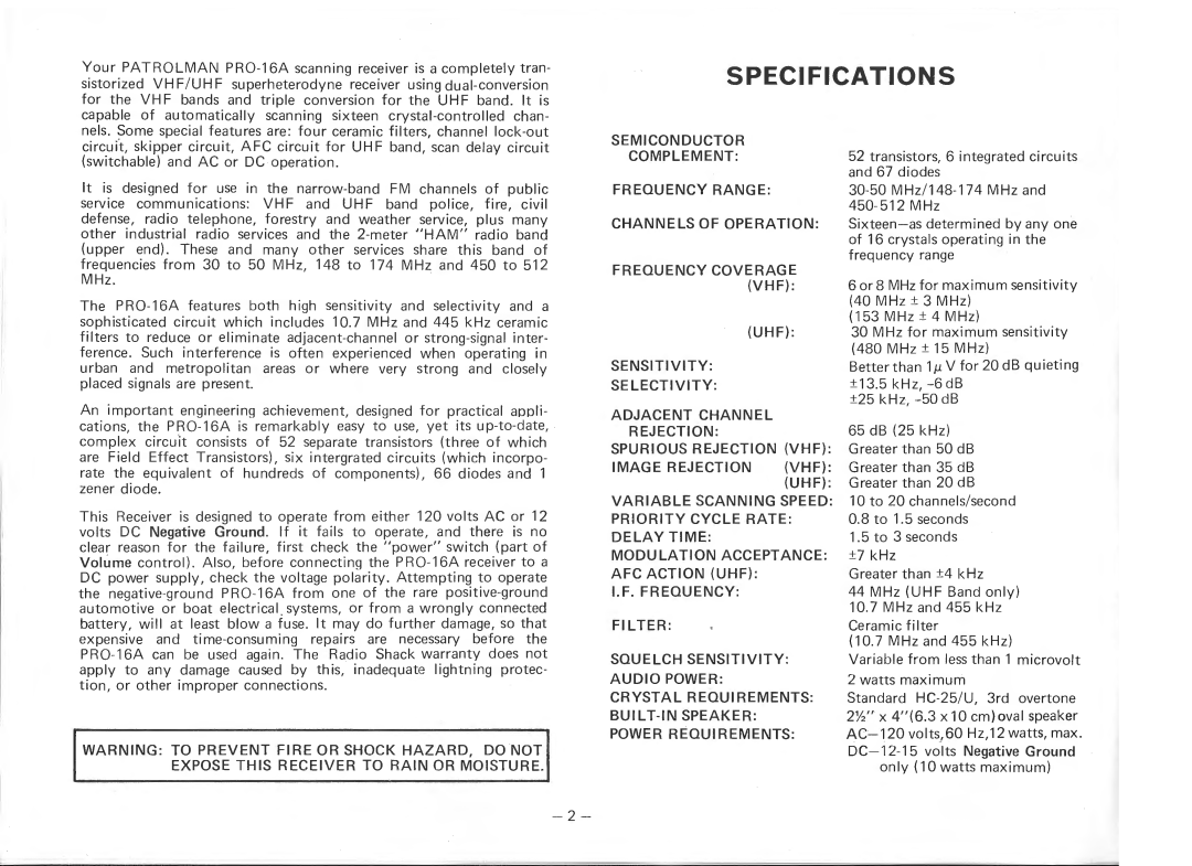 Realistic PRO-16A manual Specifications 