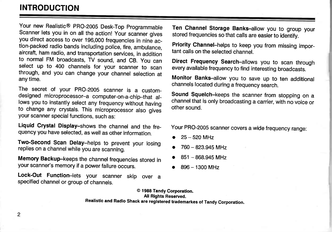 Realistic PRO-2005 owner manual Introduction 