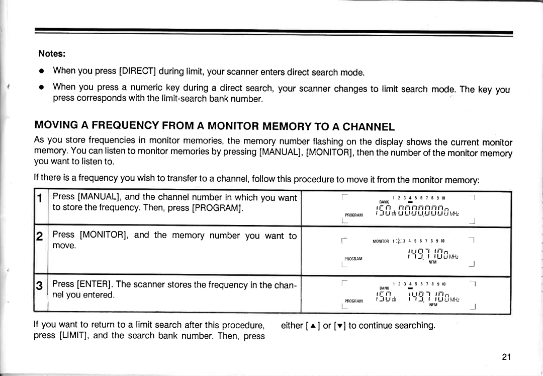 Realistic PRO-2005 Movinga Frequencyfrom a Monitor Memory to a Channel, PressMONITOR,and the memorynumberyou want to move 