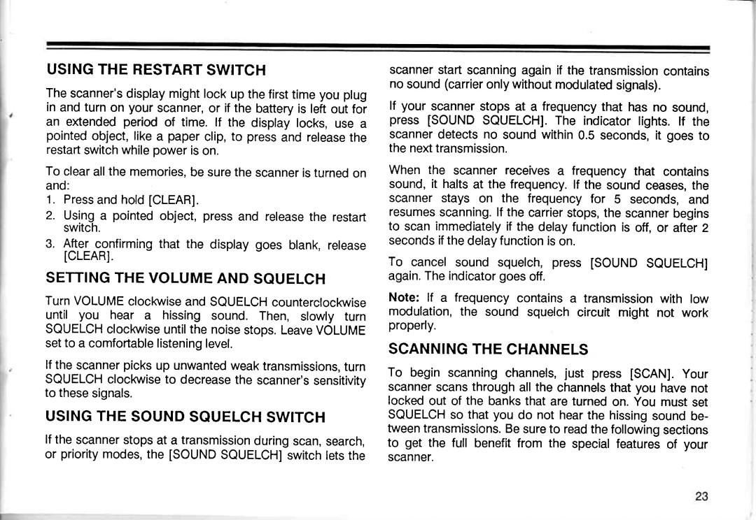 Realistic PRO-2005 Using the Restart Switch, Settingthe Volume and Squelch, Scanningthe Channels, Souelch, Sound 