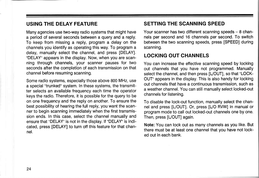 Realistic PRO-2005 owner manual Usingthedelayfeature, Nel, Setting the Scanning Speed, Locking OUT Channels 