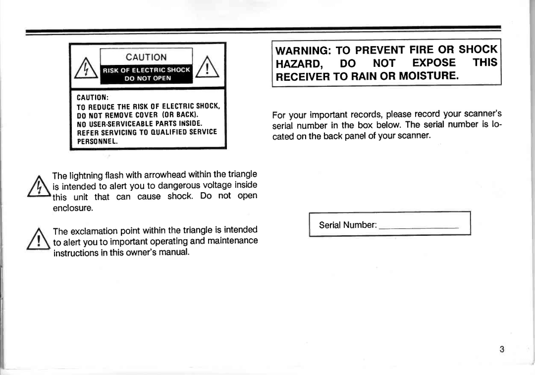 Realistic PRO-2005 owner manual Tobeducetheriskofelectbicshock 