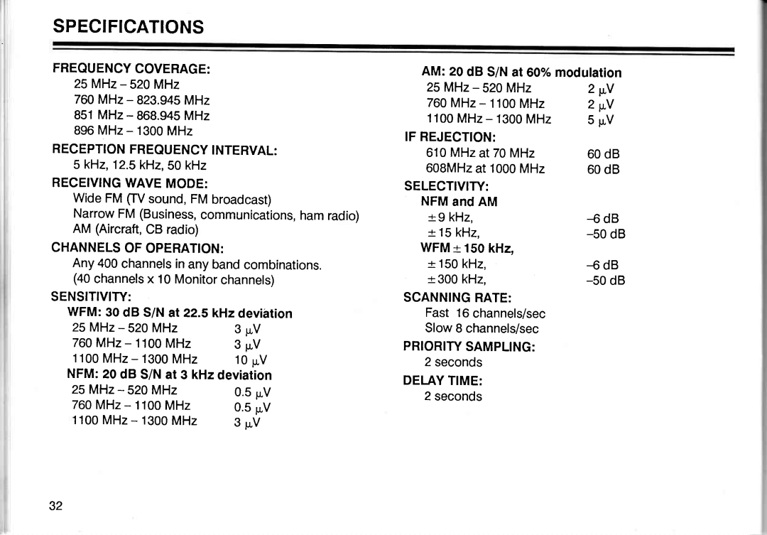 Realistic PRO-2005 owner manual Specifications, Receivingwavemode, Sensitivity 