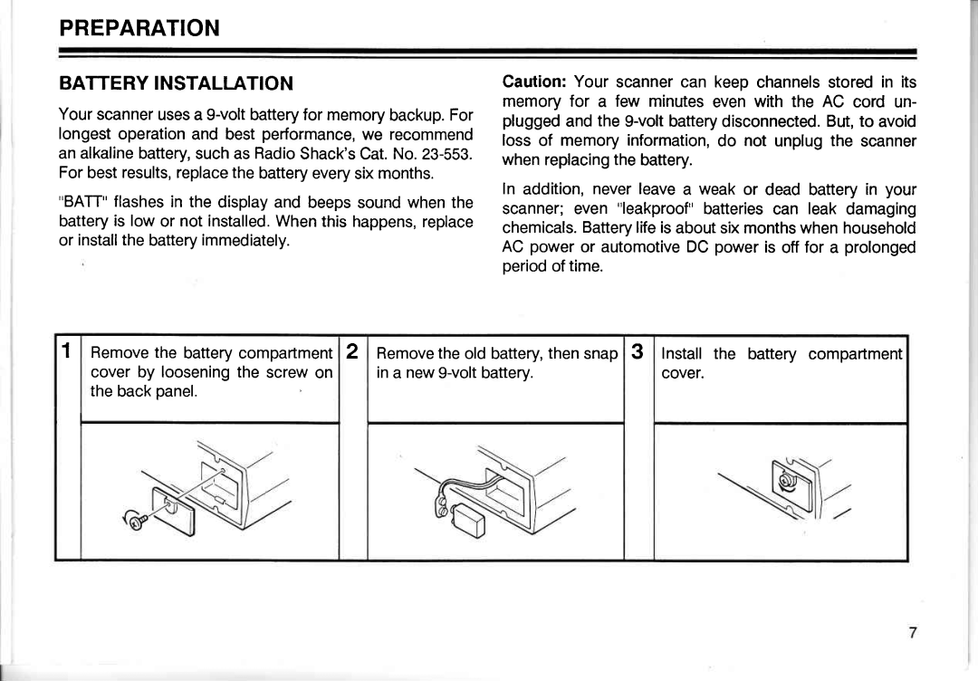 Realistic PRO-2005 owner manual Preparation, Battery Installation, Cover, Thebackpanel 