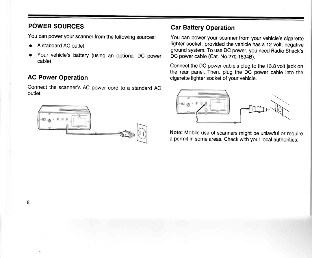 Realistic PRO-2005 owner manual Powersources, AC PowerOperation, GarBatteryOperation 