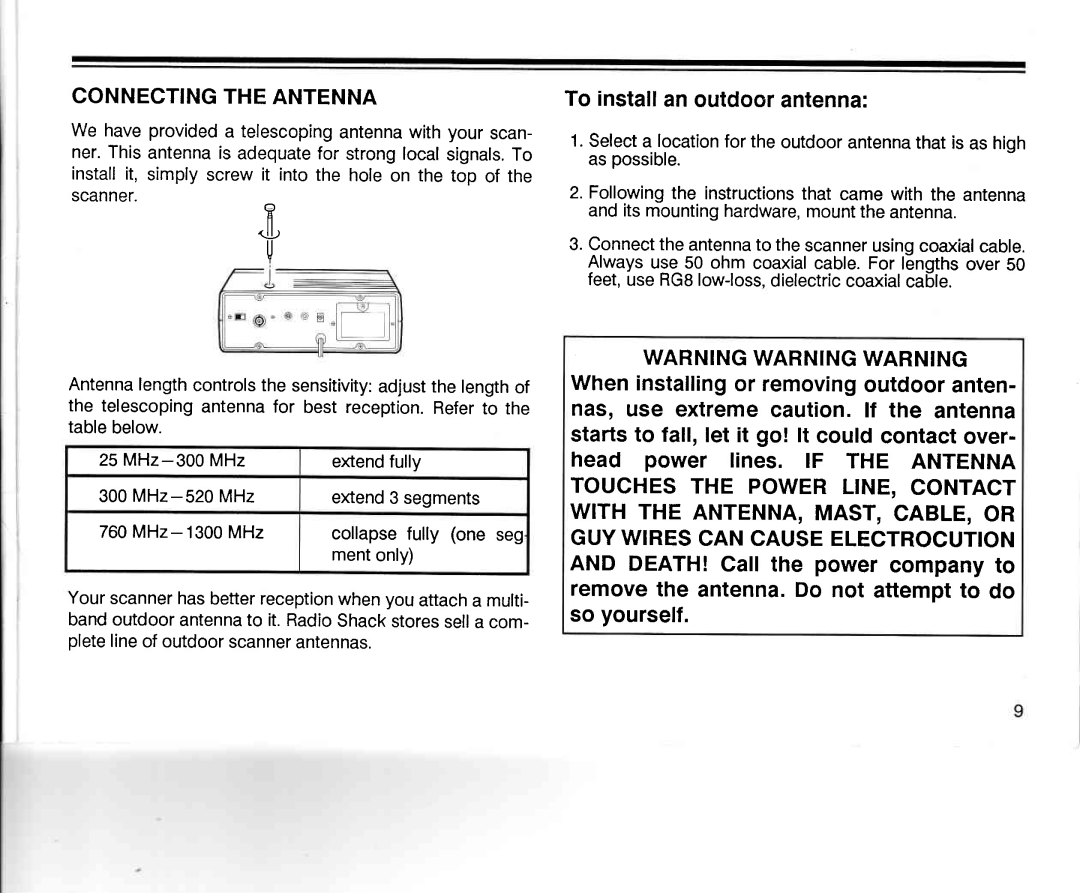 Realistic PRO-2005 owner manual To installan outdoorantenna, Connecting the Antenna 