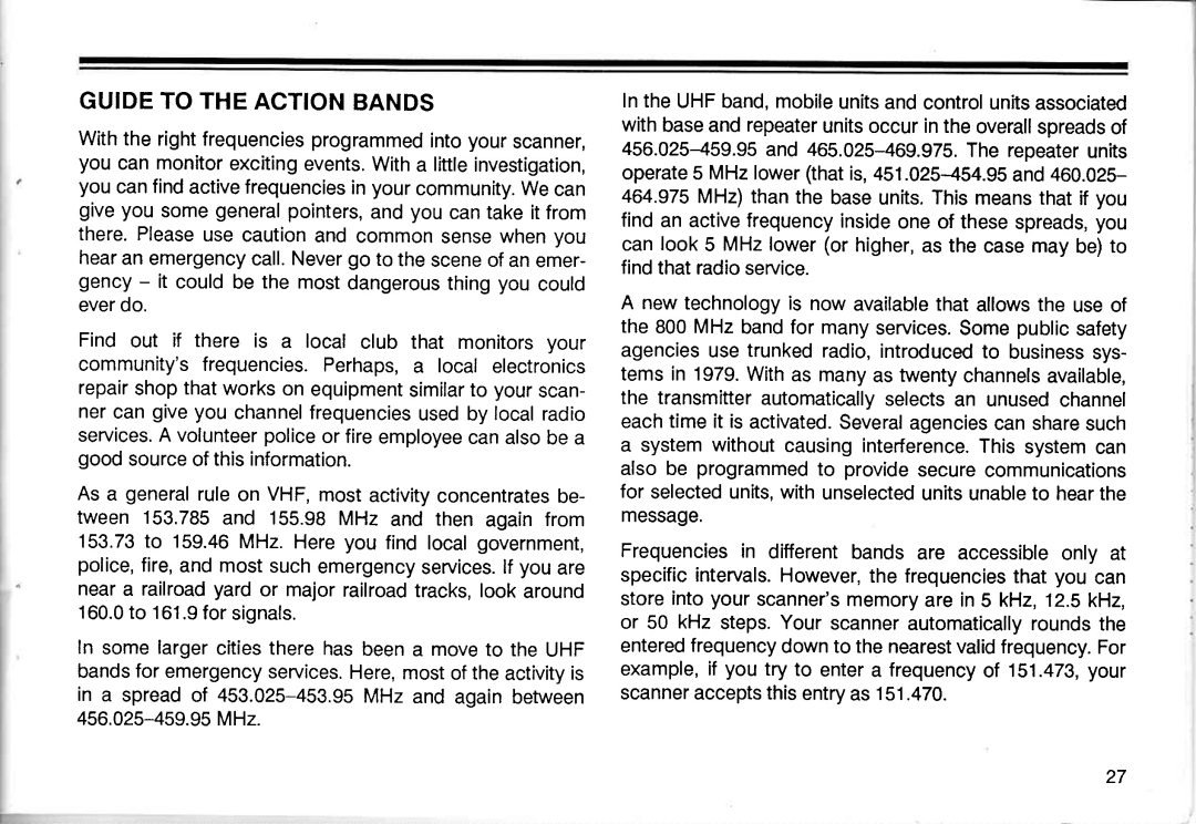 Realistic PRO-2005 owner manual Guide To The Action Bands 