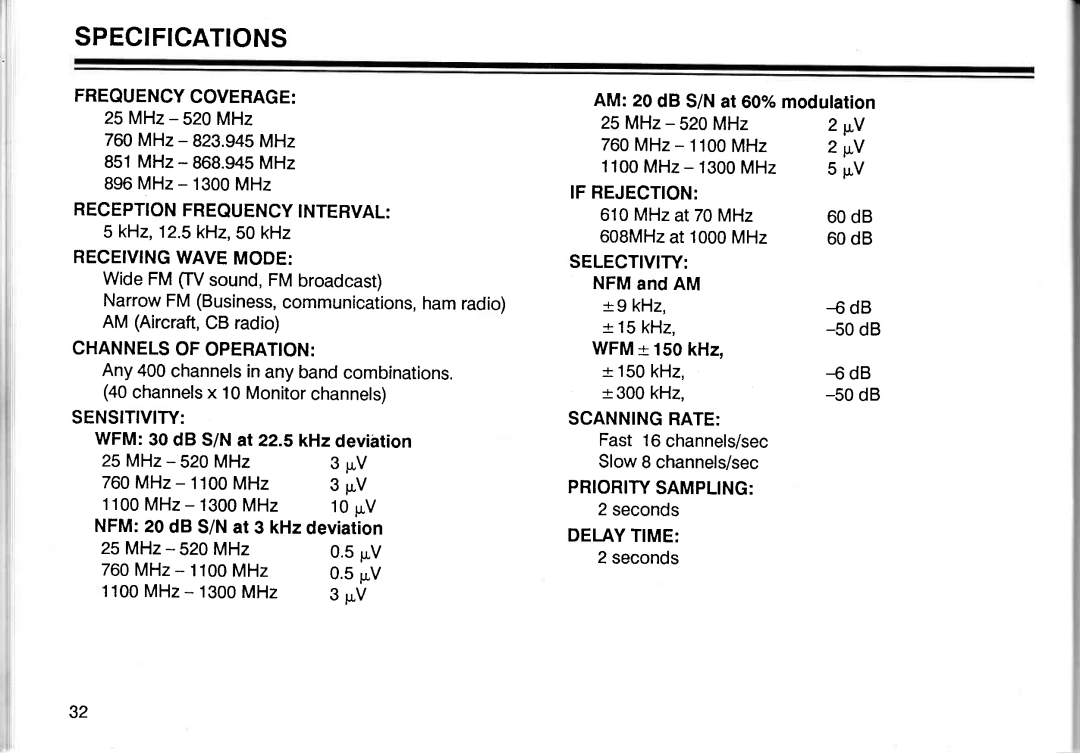 Realistic PRO-2005 owner manual Specifications, 2 w Y, NarrowFMBusiness,communications,hamradio AMAircraft,CBradio 