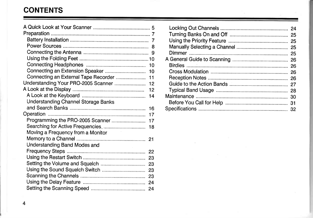 Realistic PRO-2005 owner manual Contents 