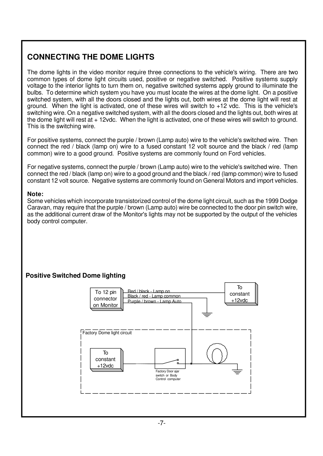 Recoton/Advent ADV350S, ADV350P, ADV350B manual Connecting the Dome Lights, Positive Switched Dome lighting 