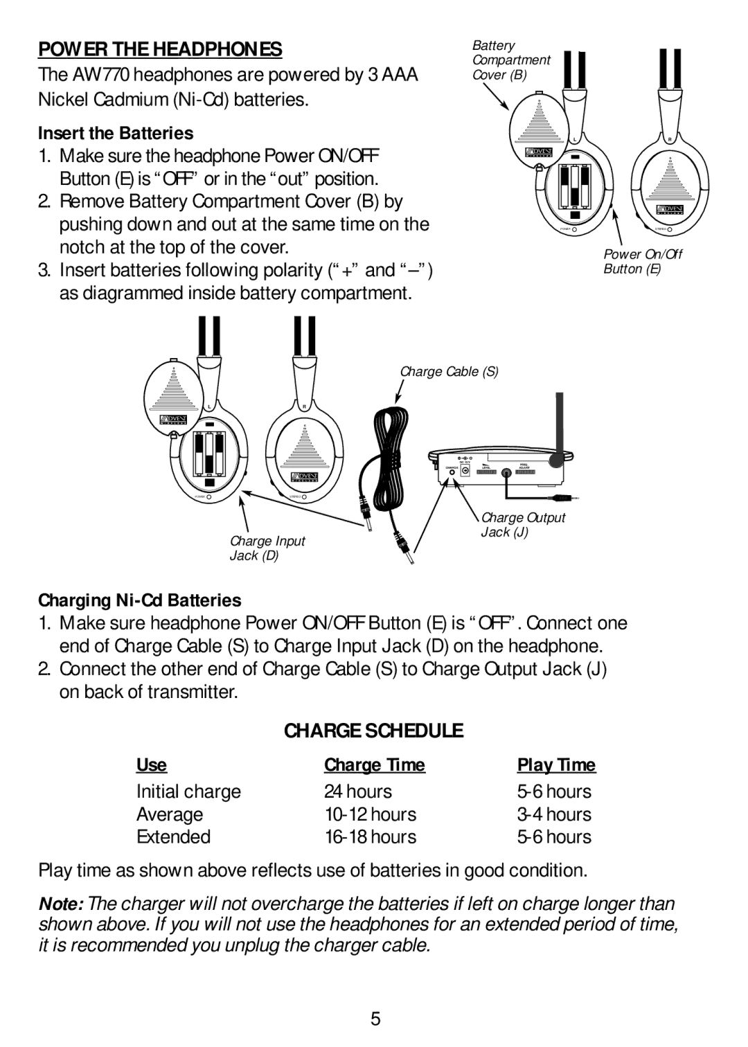 Recoton/Advent AW770 manual Power the Headphones, Charge Schedule, Insert the Batteries, Charging Ni-Cd Batteries 