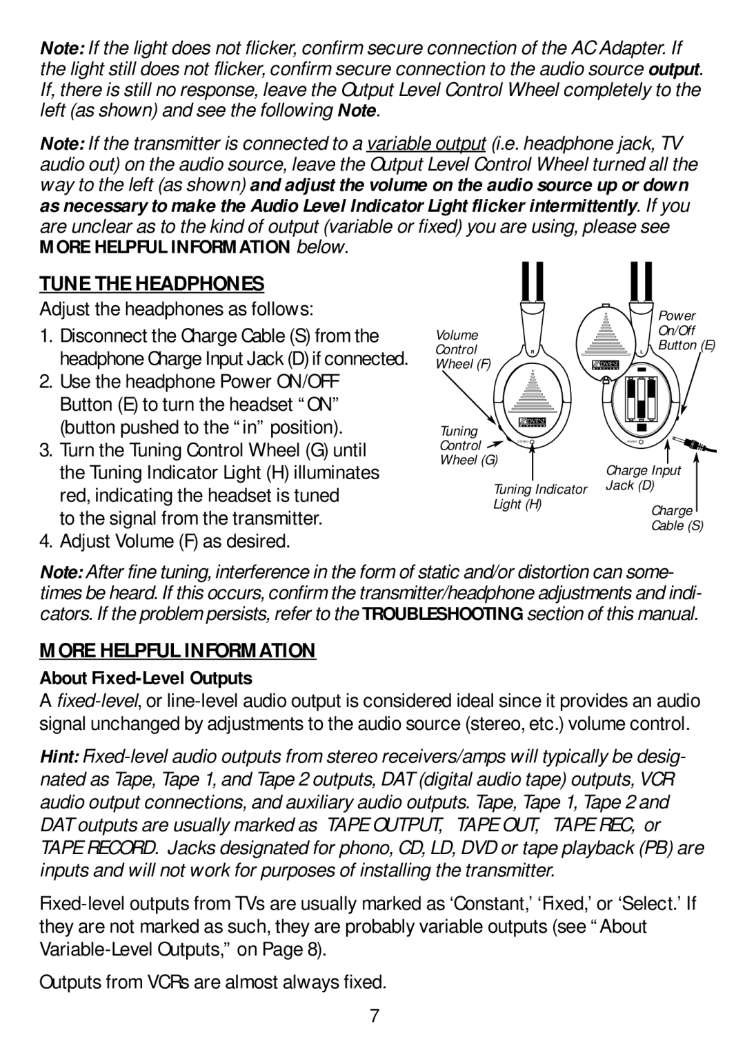 Recoton/Advent AW770 manual Tune the Headphones, More Helpful Information, About Fixed-Level Outputs 