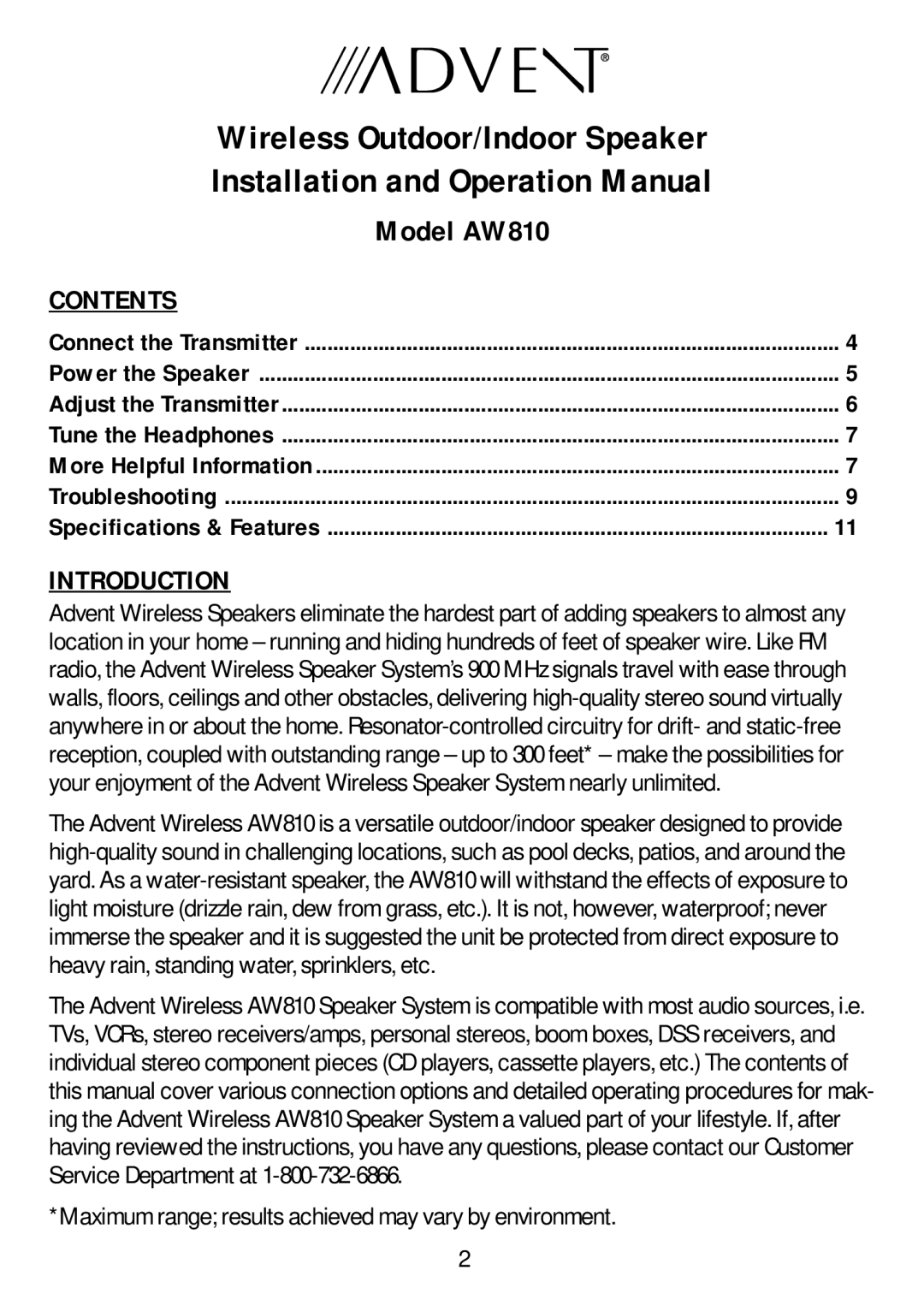 Recoton/Advent AW810 manual Contents, Introduction 