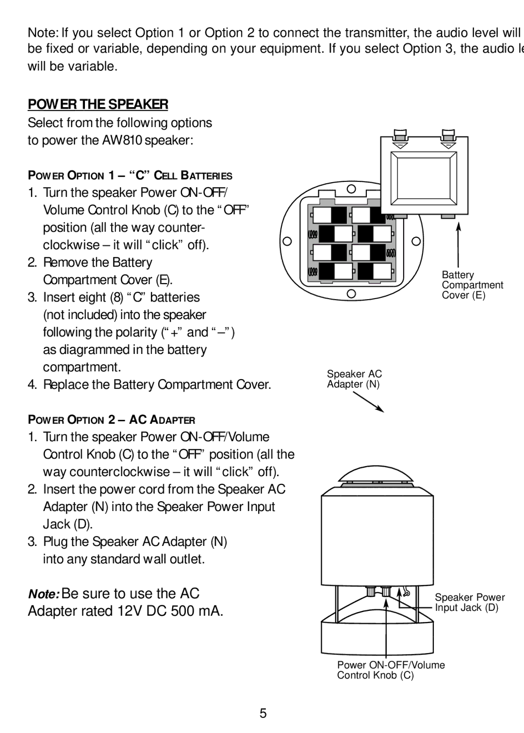 Recoton/Advent AW810 manual Power the Speaker, Adapter rated 12V DC 500 mA 