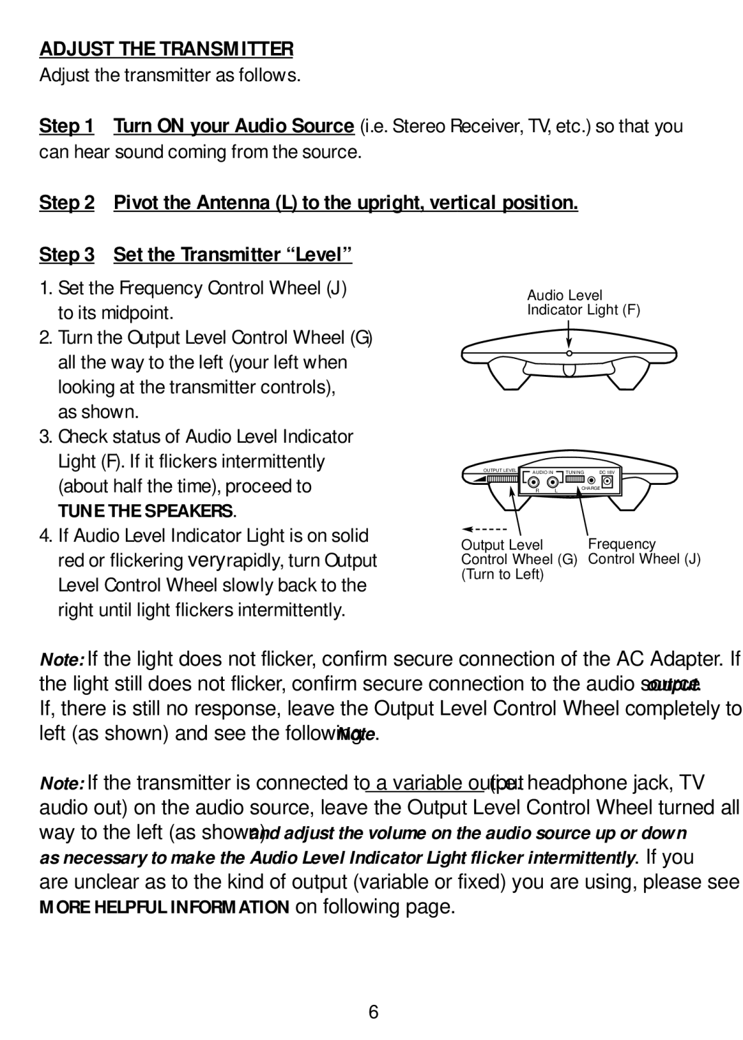 Recoton/Advent AW810 manual Adjust the Transmitter, Set the Frequency Control Wheel J to its midpoint 