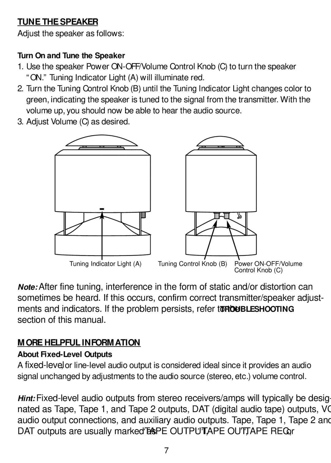 Recoton/Advent AW810 manual More Helpful Information, Turn On and Tune the Speaker, About Fixed-Level Outputs 