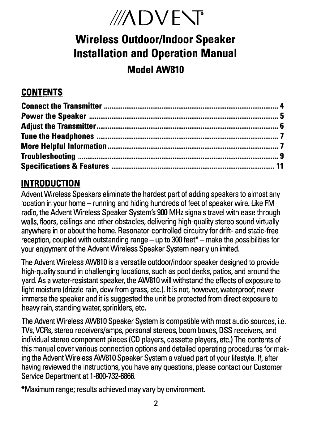 Recoton/Advent AW810 manual 