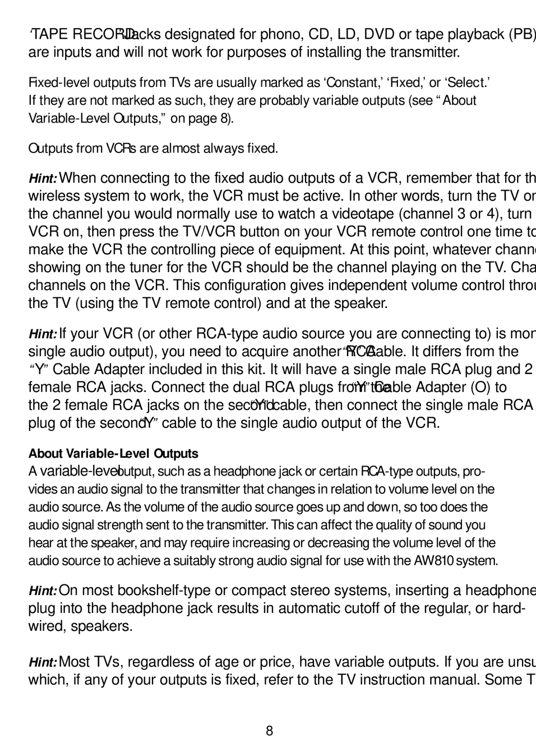 Recoton/Advent AW810 manual About Variable-Level Outputs 