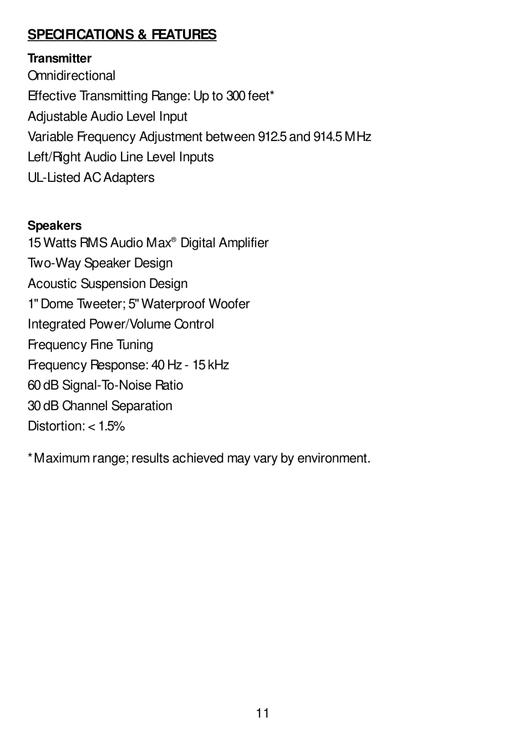 Recoton/Advent AW810 operating instructions Specifications & Features, Speakers 