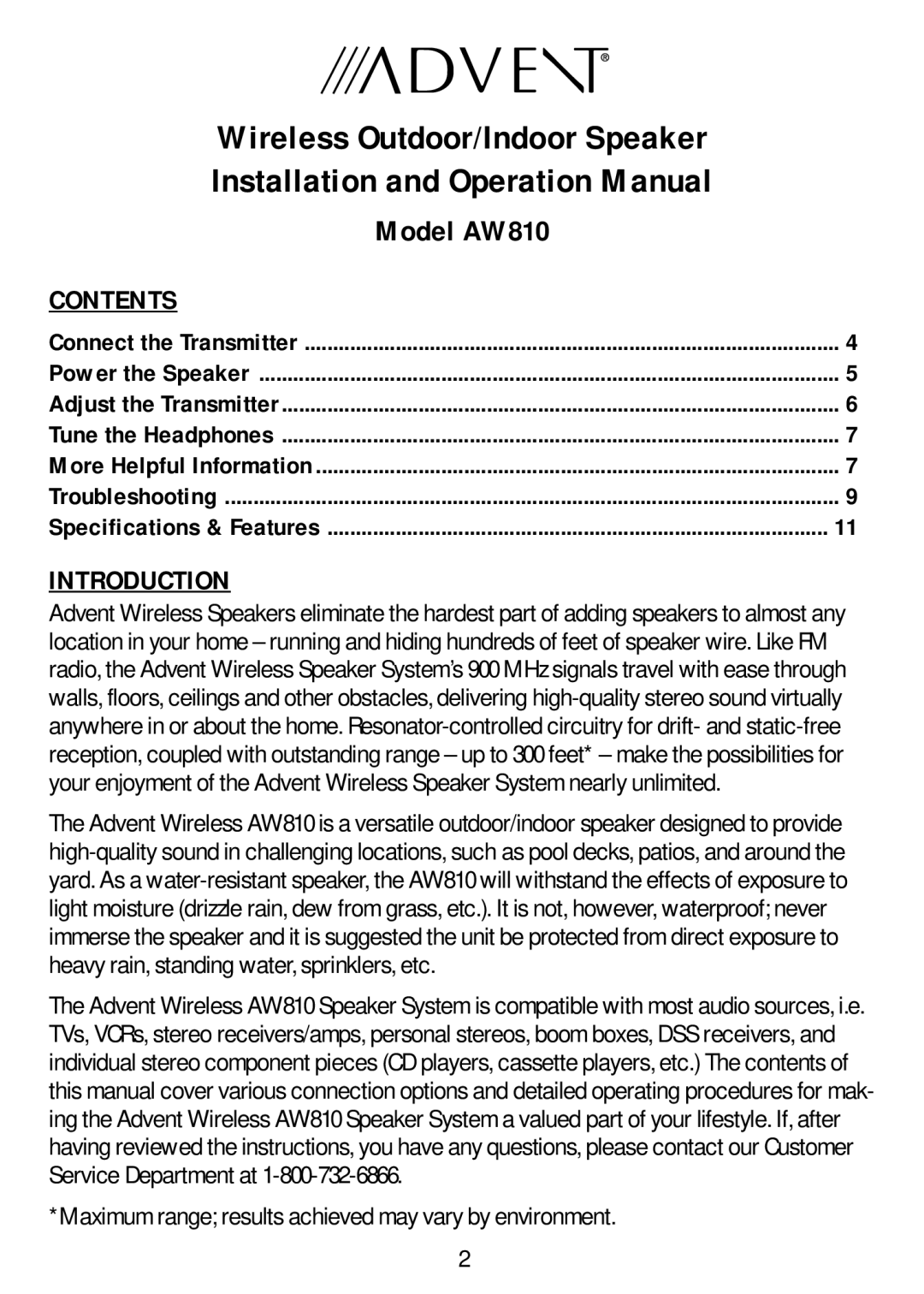 Recoton/Advent AW810 operating instructions Contents, Introduction 