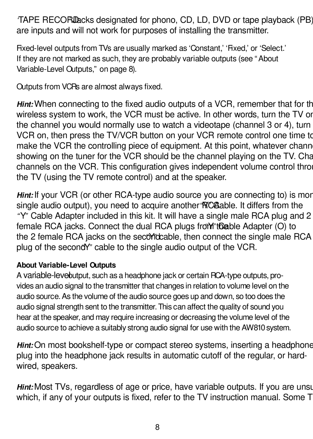 Recoton/Advent AW810 operating instructions About Variable-Level Outputs 