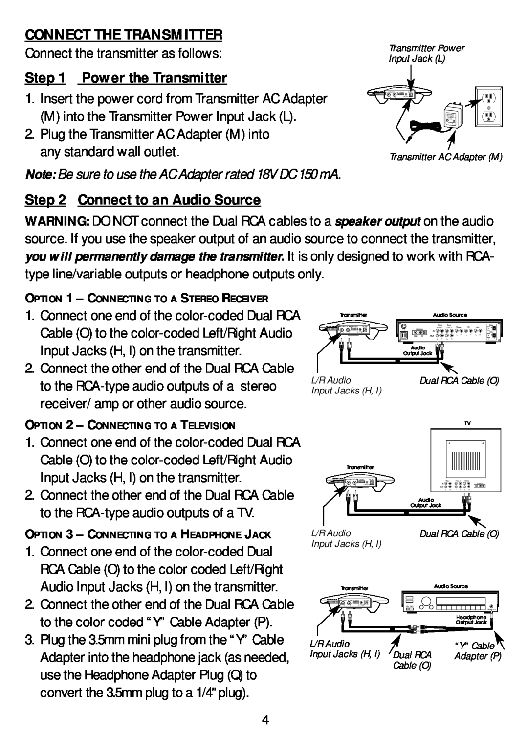 Recoton/Advent AW810 manual Connect The Transmitter, Power the Transmitter, Connect to an Audio Source 