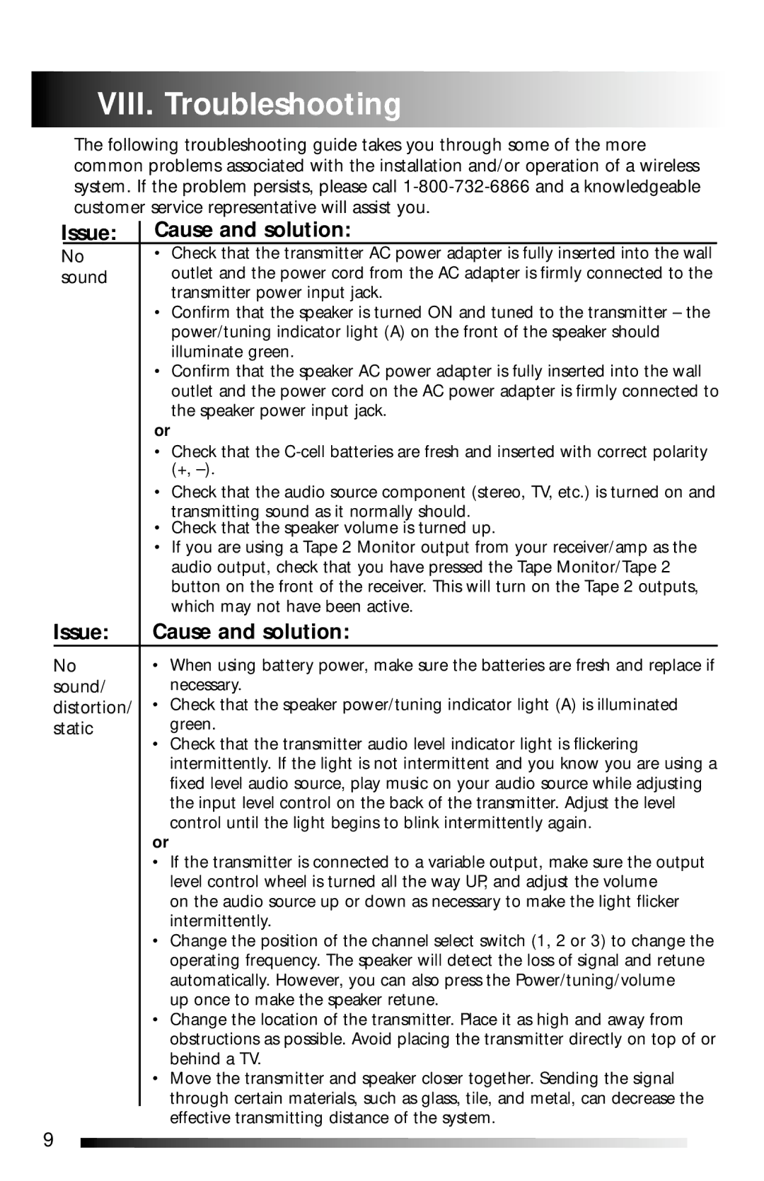 Recoton/Advent AW811 operation manual VIII. Troubleshooting, Issue Cause and solution, Sound, Distortion, Static 