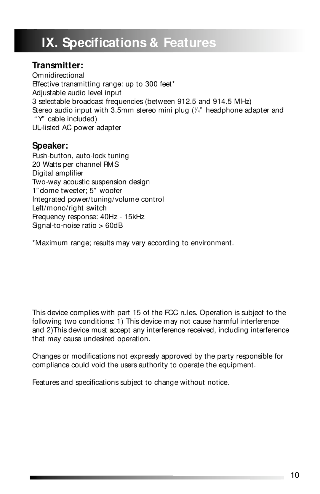 Recoton/Advent AW811 operation manual IX. Specifications & Features, Transmitter, Speaker 