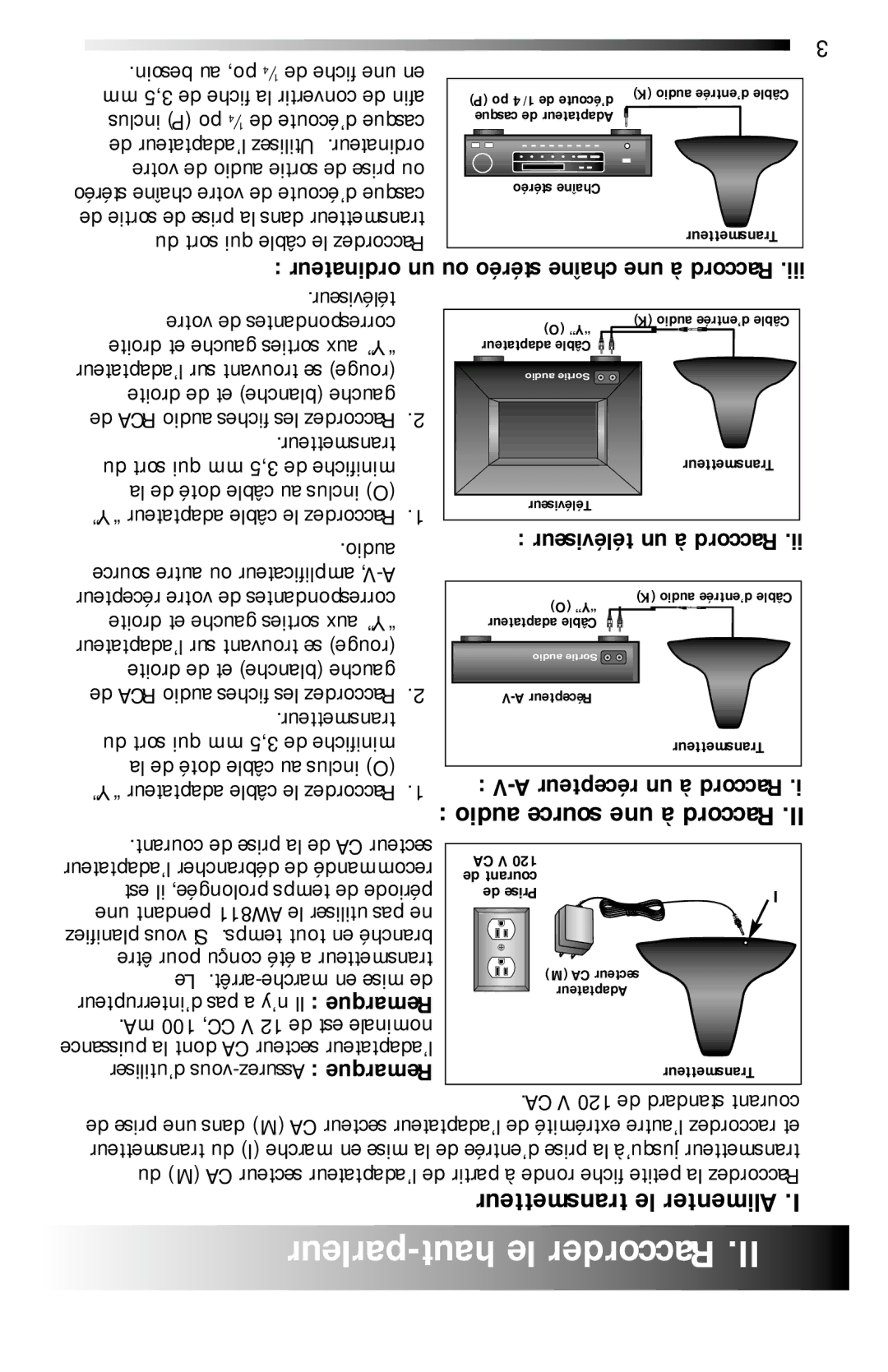 Recoton/Advent AW811 operation manual Parleur haut, Audio source une à Raccord 