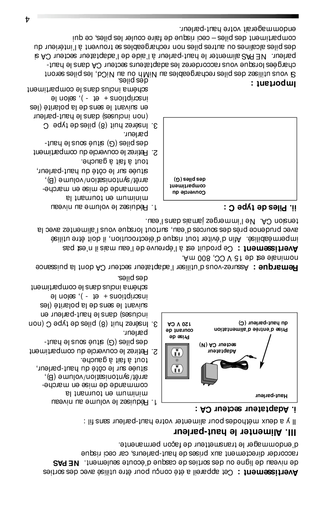 Recoton/Advent AW811 operation manual CA secteur Adaptateur, Piles des Compartiment le dans inclus maésch, Parleur 